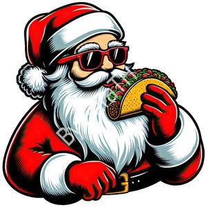 May include: Cartoon illustration of Santa Claus wearing sunglasses and a red Santa hat, holding a taco. Santa's suit is red with black accents. The taco is filled with meat, vegetables, and sauce. The image has a white background.