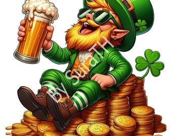 Funny Leprechaun Drink Beer, 5 PNG, St Patrick's Day Party, Digital Download, Printable, Sublimation