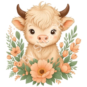 Baby Highland Cow PNG, Cute Highland Cow Floral, Baby Highland Cow Flowers, Girl Highland Cow, Digital Download, Sublimation, Printable
