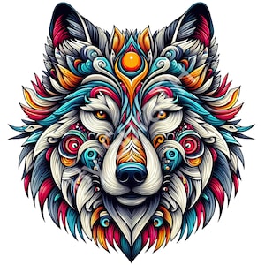 Puede incluir: Ilustración detallada y colorida de la cabeza de un lobo. La obra de arte presenta patrones intrincados en tonos de azul, rojo, naranja, amarillo y blanco. Los ojos del lobo son amarillos y la nariz es azul. El diseño es simétrico y vibrante.