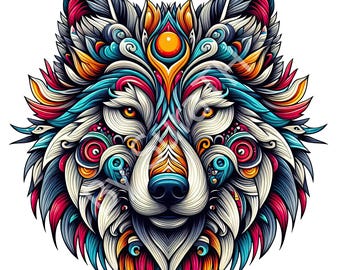 Pode incluir: Ilustração detalhada e colorida da cabeça de um lobo. A obra de arte apresenta padrões intrincados em tons de azul, vermelho, laranja, amarelo e branco. Os olhos do lobo são amarelos e o nariz é azul. O design é simétrico e vibrante.