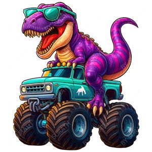 May include: A cartoon illustration of a purple Tyrannosaurus Rex wearing sunglasses, atop a teal monster truck with large black tires. The dinosaur has an open mouth and is smiling. The truck has a white horse logo on the door.