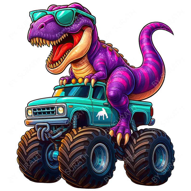 May include: A cartoon illustration of a purple Tyrannosaurus Rex wearing sunglasses, atop a teal monster truck with large black tires. The dinosaur has an open mouth and is smiling. The truck has a white horse logo on the door.