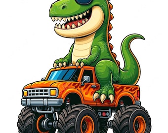 T-Rex Montando um Caminhão Monstro PNG, 4 Designs, Clipart Engraçado de Dinossauro, Download Digital, Sublimação, Para Imprimir
