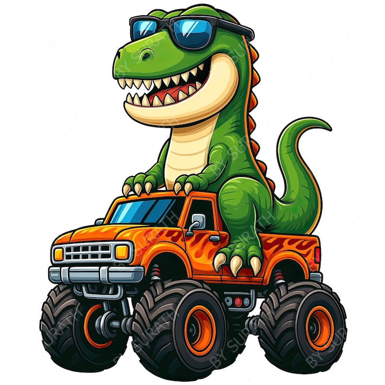 May include: A cartoon illustration of a green dinosaur wearing sunglasses, sitting on top of an orange monster truck. The truck has large black tires with orange rims. The dinosaur is smiling with its teeth showing.