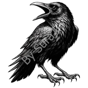 May include: Detailed black and white illustration of a raven with its beak open. The raven is standing with its wings slightly spread, showcasing intricate feather details. The text "By Sura" is visible on the image.