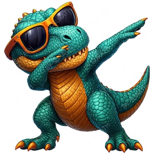 May include: A cartoon illustration of a teal dinosaur wearing orange sunglasses, dabbing with its right arm raised. The dinosaur has an orange belly and claws, with a toothy grin. The image is on a white background.