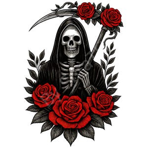 May include: A black and white illustration of the Grim Reaper holding a scythe, surrounded by red roses and dark leaves. The Reaper is depicted as a skeleton wearing a black hooded cloak. The roses are detailed with dark green leaves.