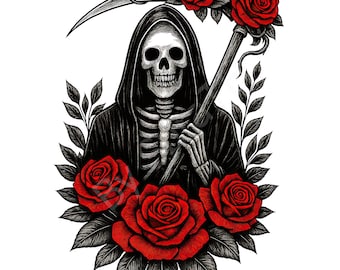 Grim Reaper Floral, Skull Rose, Scary Halloween, Angel of Death, Digital Download, Sublimation, Printable