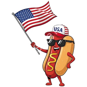 Divertente hot dog in formato PNG, bandiera americana per hot dog, hot dog per il 4 luglio, bandiera degli Stati Uniti per hot dog, giorno dell'indipendenza, download digitale, sublimazione, stampabile