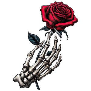 Puede incluir: Una mano esquelética sosteniendo una sola rosa roja con hojas verdes y un tallo.