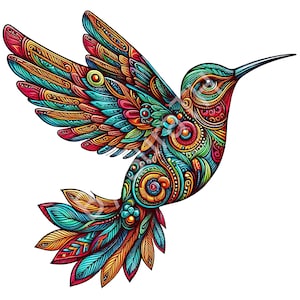 Puede incluir: Un colibrí colorido con intrincados patrones y diseños en tonos de azul, verde, rojo, naranja y amarillo. El pájaro está en vuelo con las alas extendidas.