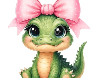 Alligator PNG Clipart, Pink Bow, Girls Design (Digital Download)