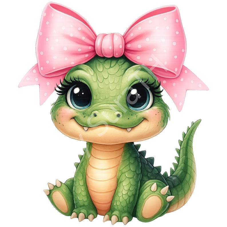 May include: A cute cartoon alligator with large blue eyes, long eyelashes, and a pink bow with white polka dots. The alligator is green with a light tan belly and is sitting down.