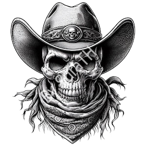 Puede incluir: Una ilustración en blanco y negro de una calavera con un sombrero de vaquero y un pañuelo. La calavera tiene un diseño detallado con una nariz y una mandíbula prominentes. El sombrero tiene un ala ancha y una banda con un diseño de calavera y huesos cruzados.