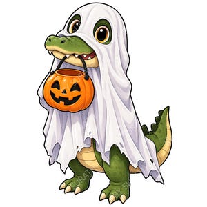 May include: A green alligator character wearing a white ghost costume sheet over its head and body. The alligator has large orange eyes and is holding an orange plastic pumpkin-shaped trick-or-treat bucket with a black handle in its mouth.