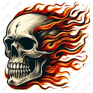 May include: A detailed illustration of a skull with flames. The skull is off-white with black eye sockets and a jaw. Flames in shades of red, orange, and yellow emanate from the top and back of the skull, creating a dynamic and fiery effect.