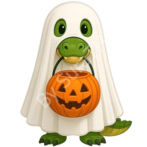 Pode incluir: Ilustração de um jacaré verde vestindo uma fantasia de fantasma branco e segurando um balde de abóbora laranja. O jacaré tem olhos verdes grandes e está pronto para o Halloween.