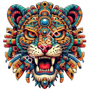 May include: A colorful, detailed illustration of a jaguar's face with intricate geometric patterns and a fierce expression. The jaguar's eyes are bright blue, and its mouth is open in a snarl, revealing sharp teeth.