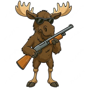 Peut inclure: Illustration de dessin animé d'un orignal brun portant des lunettes de soleil et tenant un fusil de chasse. L'orignal a de grands bois et se tient debout. L'image a un fond blanc.