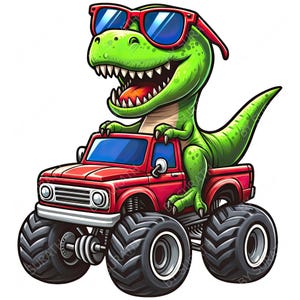 May include: A cartoon illustration of a green dinosaur wearing red sunglasses, driving a red monster truck with large black tires. The dinosaur has an open mouth and appears to be smiling. The image is set against a white background.
