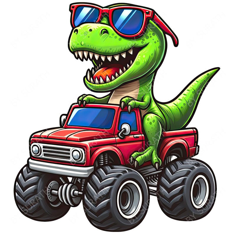 May include: A cartoon illustration of a green dinosaur wearing red sunglasses, driving a red monster truck with large black tires. The dinosaur has an open mouth and appears to be smiling. The image is set against a white background.