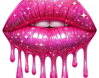 May include: A digital illustration of glossy, hot pink lips with glitter and star accents. The lips have a dripping effect, with the pink color flowing downwards. The teeth are white, and the overall effect is glamorous.