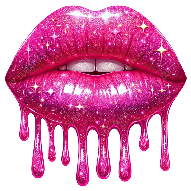 May include: A digital illustration of glossy, hot pink lips with glitter and star accents. The lips have a dripping effect, with the pink color flowing downwards. The teeth are white, and the overall effect is glamorous.