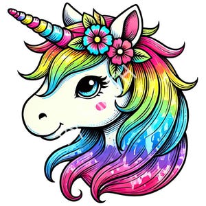 かわいいユニコーンの顔 PNG、ユニコーンの頭のクリップアート、カラフルなユニコーン、レインボーユニコーン、デジタルダウンロード、印刷可能、昇華