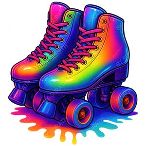 May include: A pair of rainbow-coloured roller skates. The skates have a high-top design with pink laces and wheels. The colour gradient transitions from red to yellow, green, blue, and purple. The wheels are a mix of red, orange, and yellow.