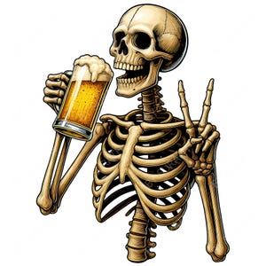 May include: Illustration of a human skeleton holding a beer mug with a foamy head, and making a peace sign. The skeleton is depicted in a detailed, realistic style with a light brown color. The beer is a golden color.