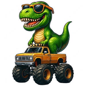 May include: A cartoon illustration of a green Tyrannosaurus Rex wearing sunglasses, sitting on top of a yellow monster truck with large black tires. The dinosaur is smiling, and the truck has gold rims.