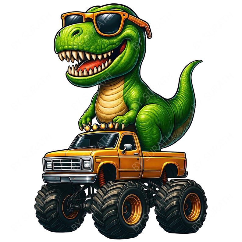 May include: A cartoon illustration of a green Tyrannosaurus Rex wearing sunglasses, sitting on top of a yellow monster truck with large black tires. The dinosaur is smiling, and the truck has gold rims.