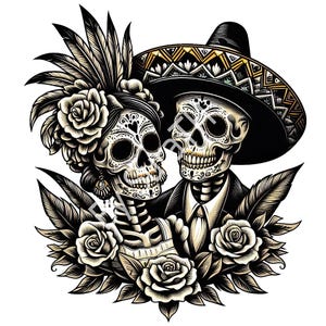 Jour des morts Couple mexicain PNG, Halloween de couple, Clipart Halloween mexicain, Couple tête de mort PNG, téléchargement jour des morts, Sublimation
