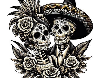 Day of the Dead Couple PNG, Mexican Halloween Skull Clipart (Digital Download)