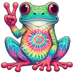 Puede incluir: Una rana de dibujos animados colorida con un vientre teñido anudado y un gesto de paz. La rana presenta vibrantes tonos rosas, azules, verdes y naranjas. Los ojos de la rana son grandes y rosas, sobre un fondo blanco.