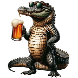 May include: A cartoon alligator wearing sunglasses holds a glass of beer with a foamy head. The alligator has a green head and brown and black scales on its body.