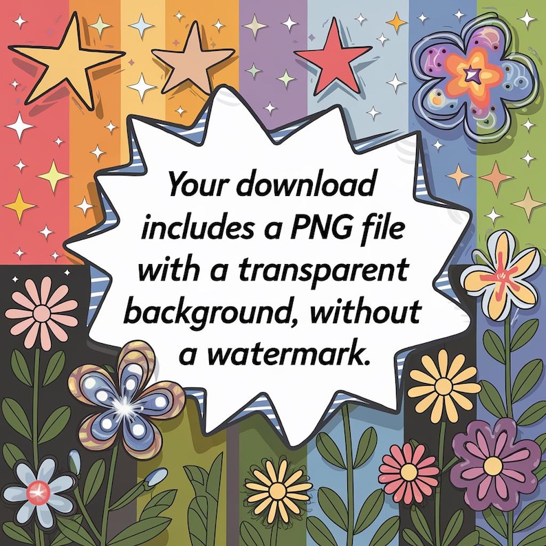 Op de afbeelding: Een kleurrijke digitale illustratie met een spraakballon die zegt: "Uw download bevat een PNG-bestand met een transparante achtergrond, zonder watermerk."