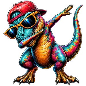 Puede incluir: Ilustración colorida de un dinosaurio haciendo dab. El dinosaurio lleva una gorra de béisbol roja y gafas de sol amarillas. Su cuerpo es una mezcla de tonos azules, naranjas y rosas, con garras afiladas y una larga cola.