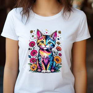 Cat Flowers PNG, Colorful Cat Artwork, Digital Download, Sublimation, Printable
