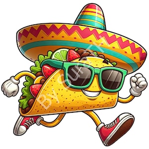 May include: A cartoon taco wearing a sombrero and sunglasses, running with a smile. The taco is filled with lettuce, strawberries, and lime. It has arms and legs with red sneakers. The sombrero is yellow, red, and green.