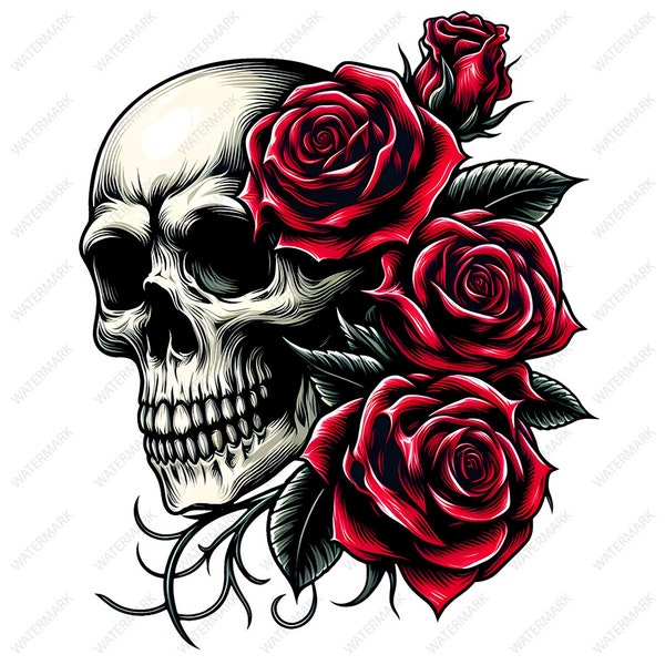 Skull with Red Rose, Skull PNG, Red Rose PNG, Skull Clipart, Rose Clipart, Skull Sublimation, Red Rose Sublimation, Valentine Skull Rose