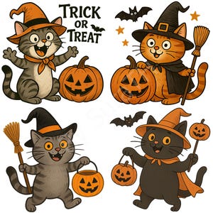 Funny Cat Halloween PNG, 4 Designs Clipart, Digital Download, Sublimation, Printable