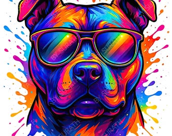 Colorful Pit Bull PNG, Funny Dog Clipart, Digital Download, Sublimation, Printable