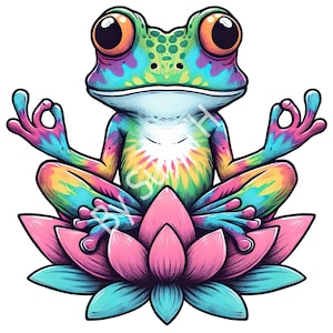 Könnte beinhalten: Ein bunter Batik-Frosch, der in Lotusposition meditiert. Der Frosch ist grün, blau, gelb, orange und pink. Die Lotusblüte ist pink und blau.
