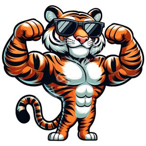 Può includere: Illustrazione di un cartone animato di una tigre muscolosa che flette le braccia. La tigre è arancione e nera con accenti bianchi, con occhiali da sole neri. La tigre ha un'espressione sicura di sé e flette i bicipiti.