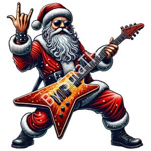 Puede incluir: Ilustración de Papá Noel con traje rojo, gafas de sol y gorro de Papá Noel, tocando una guitarra eléctrica en forma de estrella. Papá Noel hace un gesto de rock and roll con la mano. La guitarra es naranja y roja.