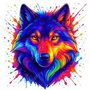 Puede incluir: Ilustración colorida de la cabeza de un lobo. La obra presenta un espectro de colores, incluyendo azules, morados, amarillos y rojos, con efectos de salpicaduras de pintura. Los ojos del lobo son de un amarillo brillante.