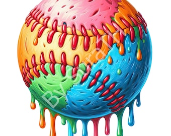 May include: A colorful baseball with dripping paint in shades of pink, yellow, green, and blue. The baseball has red stitching and a textured surface.