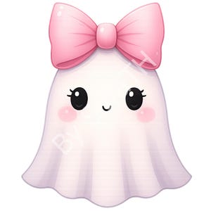 May include: A cute cartoon ghost with a large pink bow on its head. The ghost has large black eyes, rosy cheeks, and a small smile. The ghost is white with a slight purple hue.